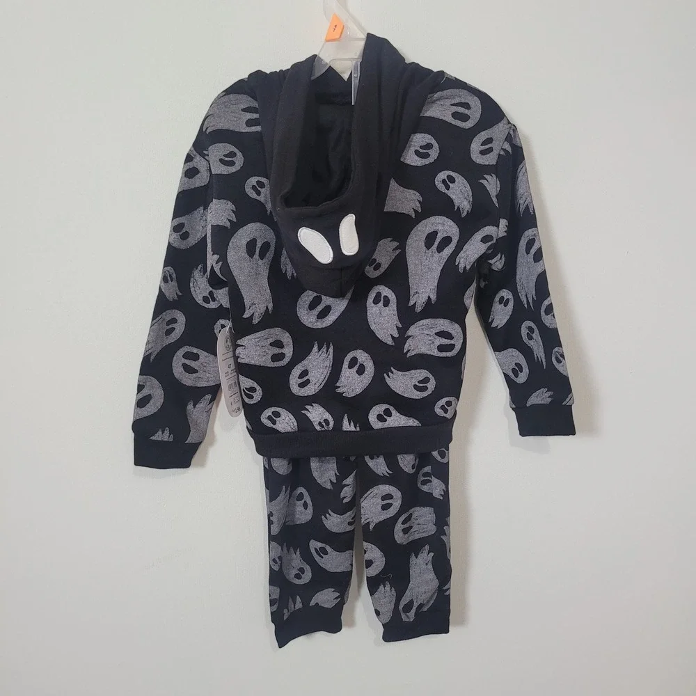 Wonder Nation Size 4T Halloween Set Toddler Ghost Print Hoodie and Joggers Black